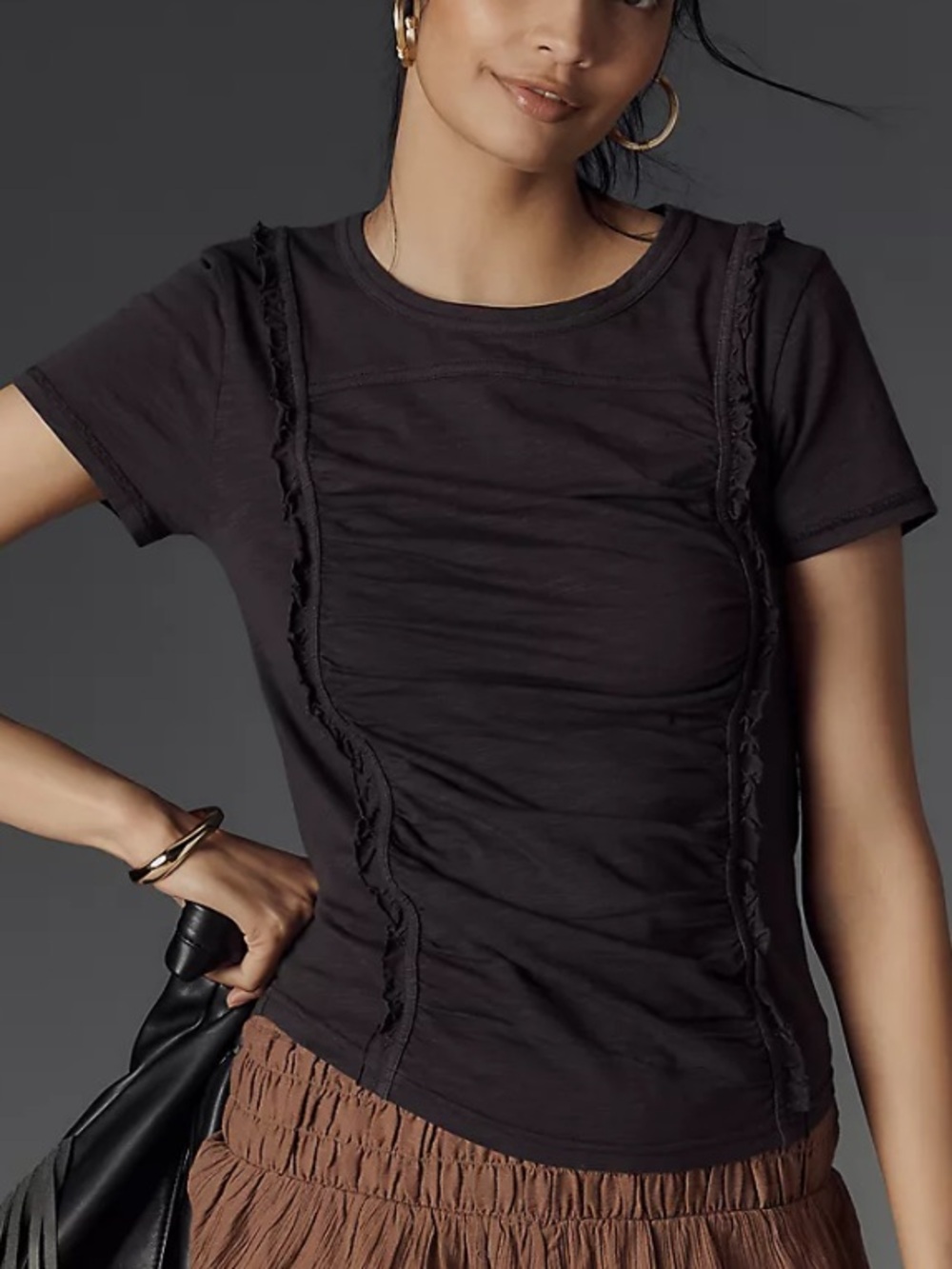 🍃💕Anthropologie Pilcro Short-Sleeve Fitted Ruffle-Trim Slub Tee in Onyx Size M